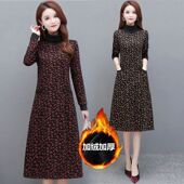 妈妈装 加绒加厚连衣裙女冬季 新款 洋气半高领碎花保暖打底长裙子潮