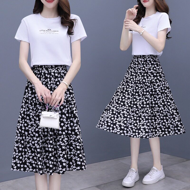 单件/套装夏新款A字雪纺碎花半身裙小个子复古洋气连衣裙两件套女