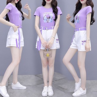 女装 紫色大码 裙套装 女韩版 短裤 胖妹妹显瘦两件套装 夏季 2024年新款