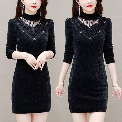 蕾丝加绒中长款女保暖修身内搭裙