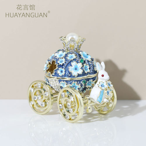 珐琅彩蓝色樱花兔子马车首饰盒兔子樱花马车婚庆戒指南瓜车礼品盒
