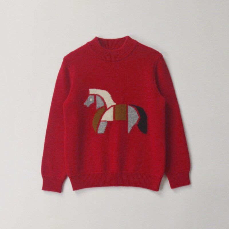 儿童红色羊绒衫冬季新年款男女童半高领新年卡通小马提花加厚毛衣