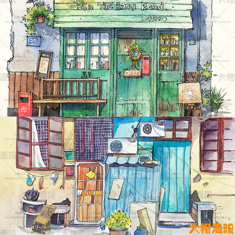 日韩小清新临街小屋手绘水彩插画森系建筑场景绘画临摹参考素材