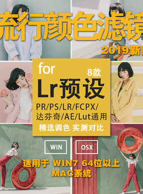 LR预设流行颜色PR/PS/FCPX/达芬奇/AE/LUT人像调色滤镜设计素材