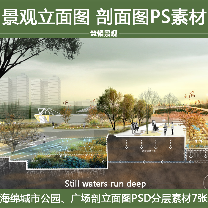 景观园林雨水花园立面图剖面图psd海绵城市效果图竞赛分析图素材