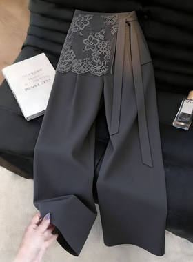 灰色假两件飘带蕾丝西装裤女2026年夏季流行新款韩版高级阔腿裤子