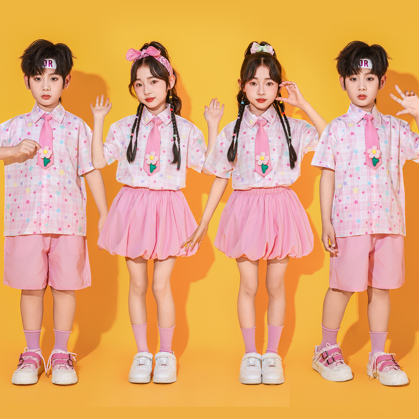 六一儿童啦啦队演出服小学生运动会开幕式团体可爱粉色舞蹈表演服