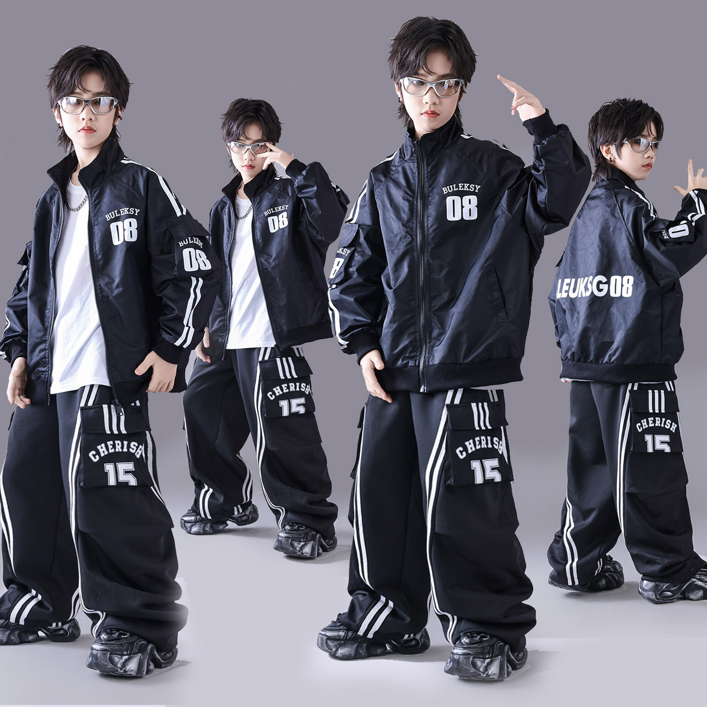 街舞儿童潮服演出服男童机车套装hiphop童装嘻哈走秀女架子鼓爵士图片