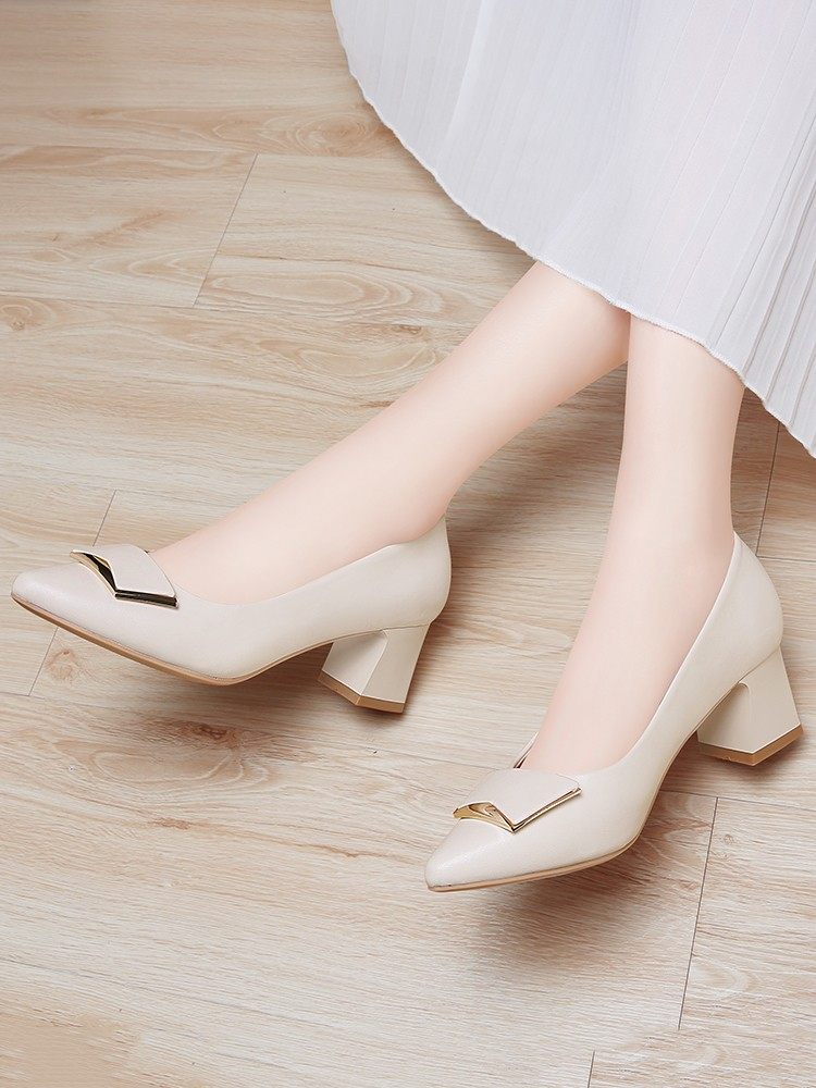 专柜正品中跟单鞋女尖头粗跟鞋子21年新款夏季浅色百搭软底5厘