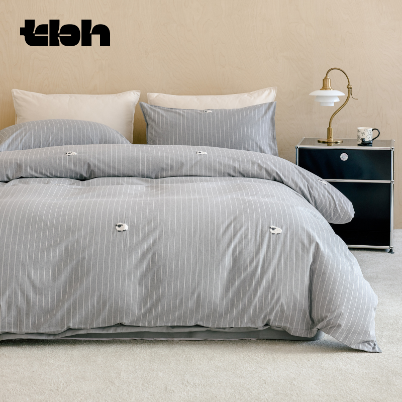 tbh野兽派家居床上四件套全棉磨毛满绣色织条纹秋冬床品套件