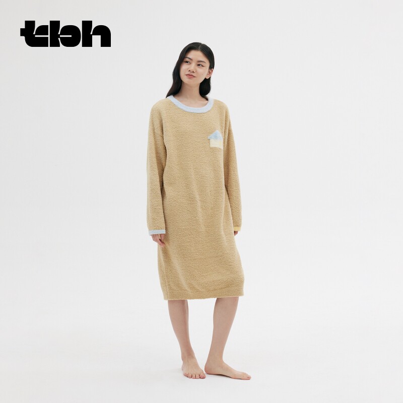 tbh野兽派家居半边绒长袖睡裙可外穿秋冬女士加厚保暖家居服