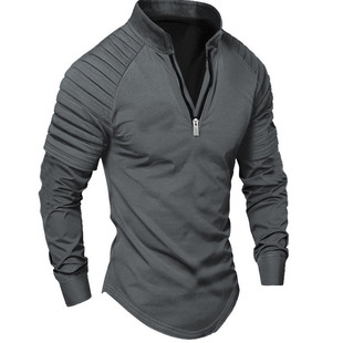 Stand up hoodie欧美春秋日常休闲男上衣手臂褶皱立领长袖Polo衫