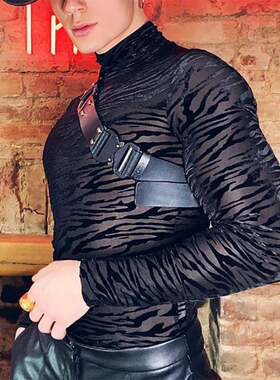 Elastic base shirt男士秋季薄款斑马纹弹力透视紧身高领长袖t恤