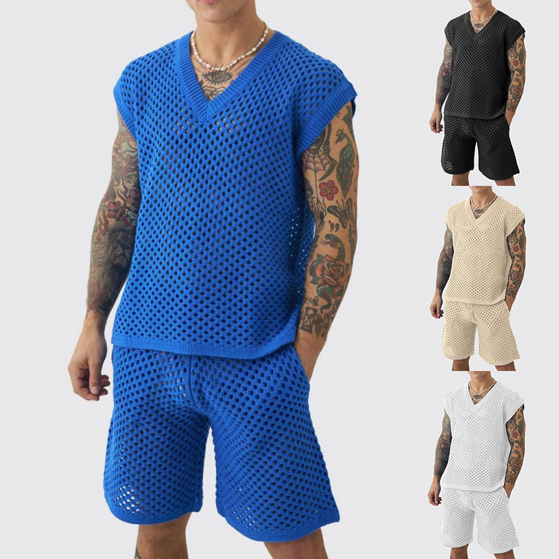 Tank top and shorts set新款男士休闲无袖镂空针织背心短裤套装