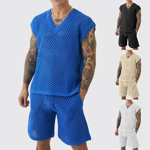 Tank top and shorts set新款男士休闲无袖镂空针织背心短裤套装