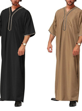 Men's long robe shirt2024新款中东男士宽松休闲长袍纽扣衬衫