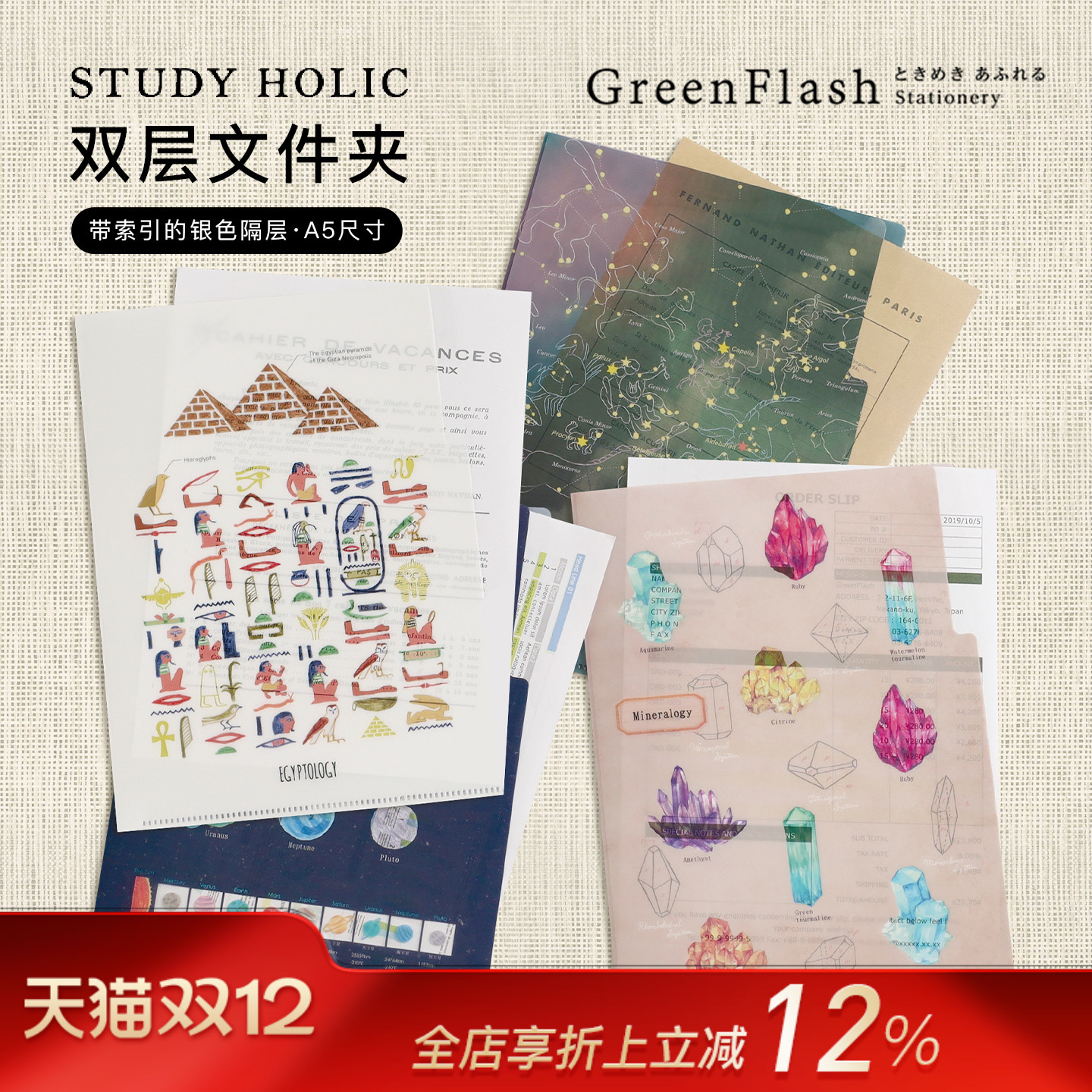 GreenFlash STUDY HOLLC趣味学科主题系列插画印花主题A5双层索引式文件夹试卷资料夹PP学生白领办公家用