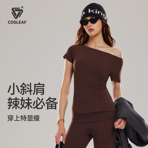 科里芙辣妹风运动短袖女夏季新款正肩显瘦休闲斜肩T恤健身服上衣