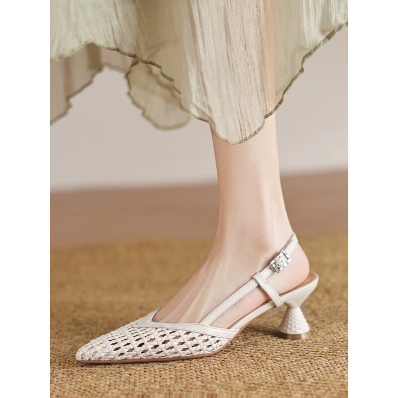 羊皮真皮蒂尼登法式编织镂空尖头凉鞋女中跟后空绑带时装鞋女夏季