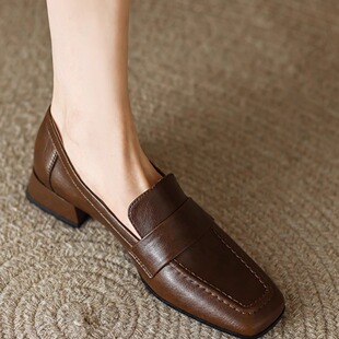 女 复古乐福鞋 蒂尼登羊皮真皮粗跟单鞋 女春秋中跟百搭英伦风小皮鞋