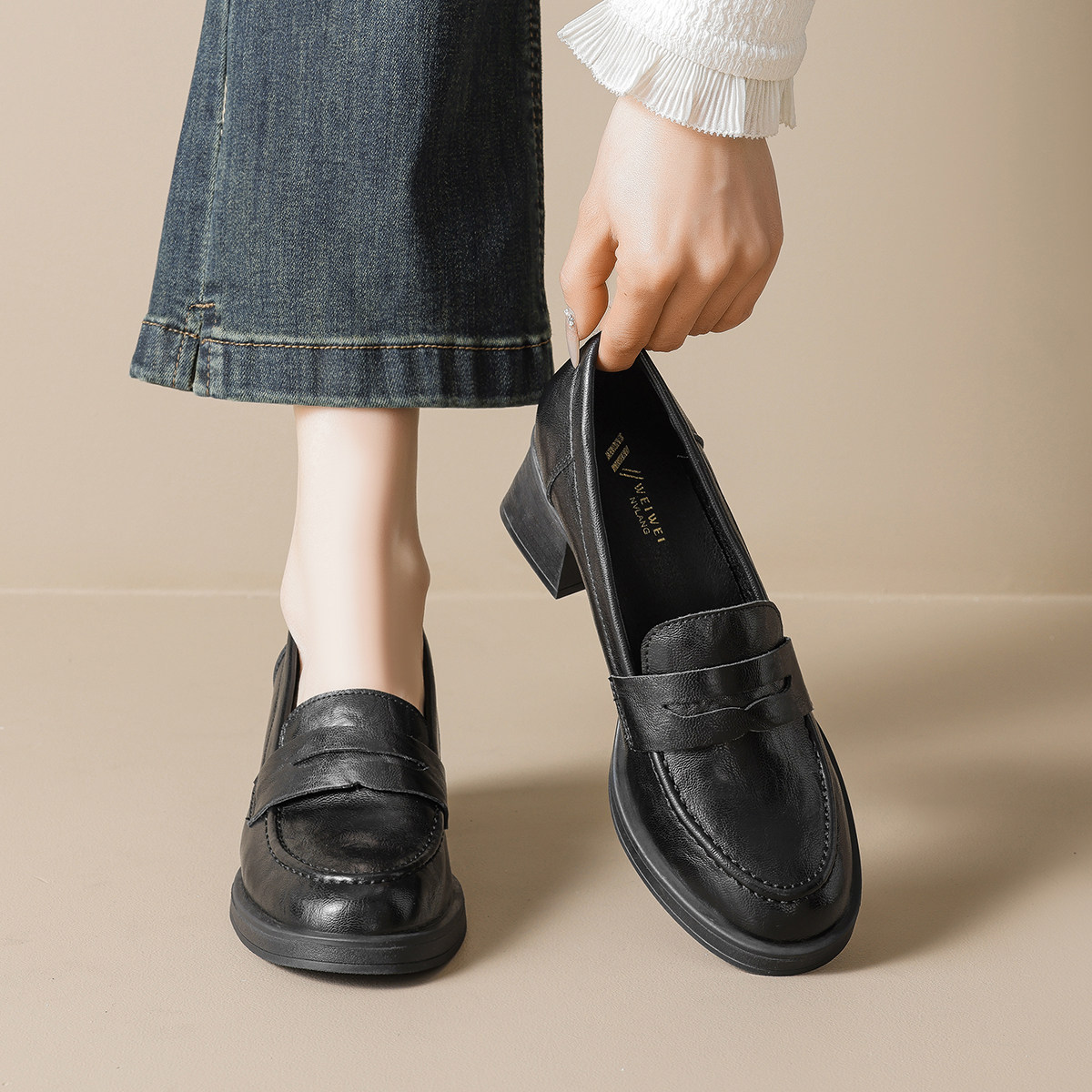 羊皮真皮复古通勤风圆头乐福鞋女粗跟一脚蹬浅口单鞋女黑色小皮鞋,女鞋,浅口单鞋,淘宝优惠券,粉丝福利购,淘宝优惠卷