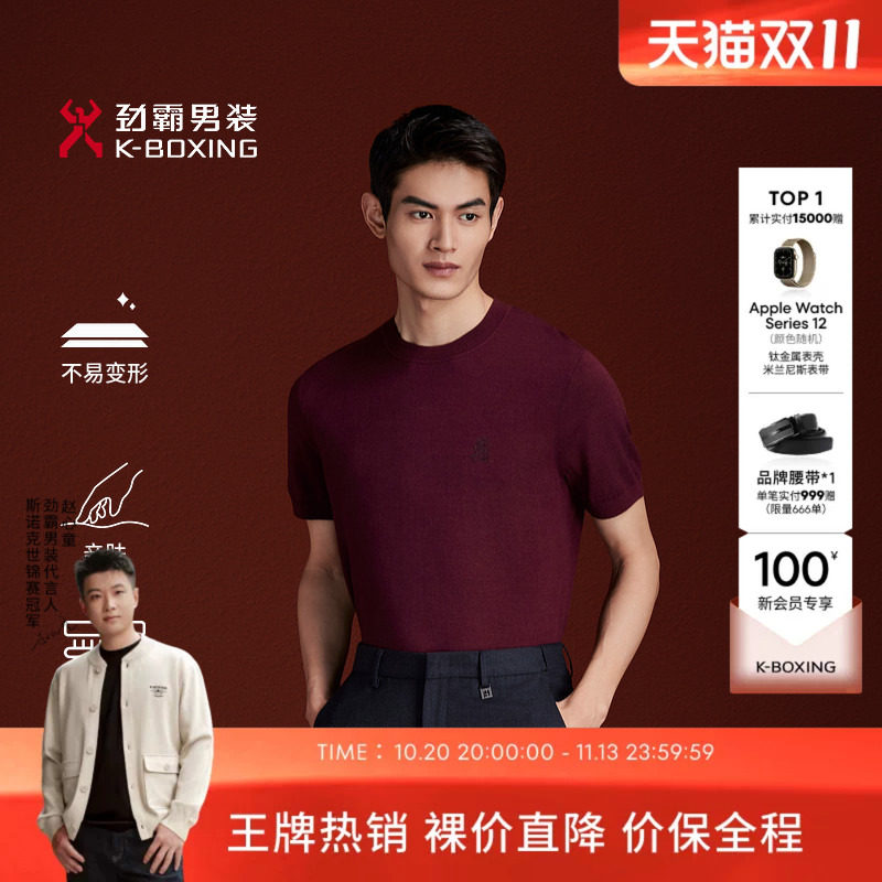 劲霸男装男士短袖毛T恤春季套头时尚圆领休闲高档羊毛混纺针织衫