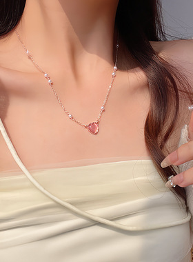 复古珍珠玫瑰金爱心项链女ins