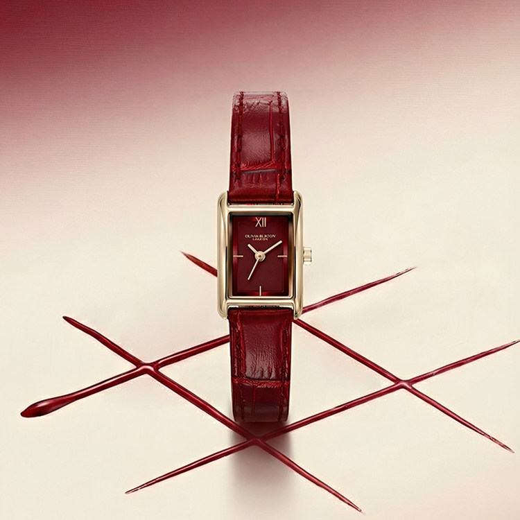 520礼物 OliviaBurton复古红色手表女款小众轻奢小方糖女士腕表