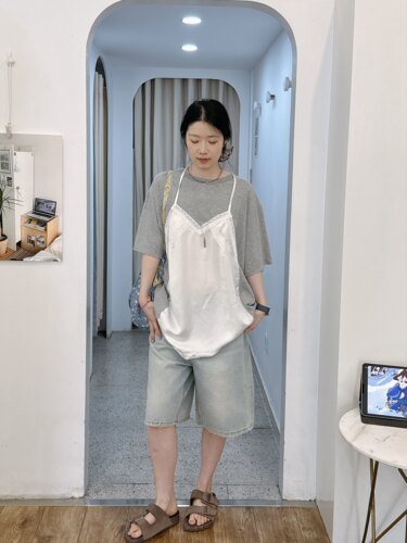 Ting 韩国东大门2026年夏款拼接吊带蕾丝假两件宽松大版休闲短袖T