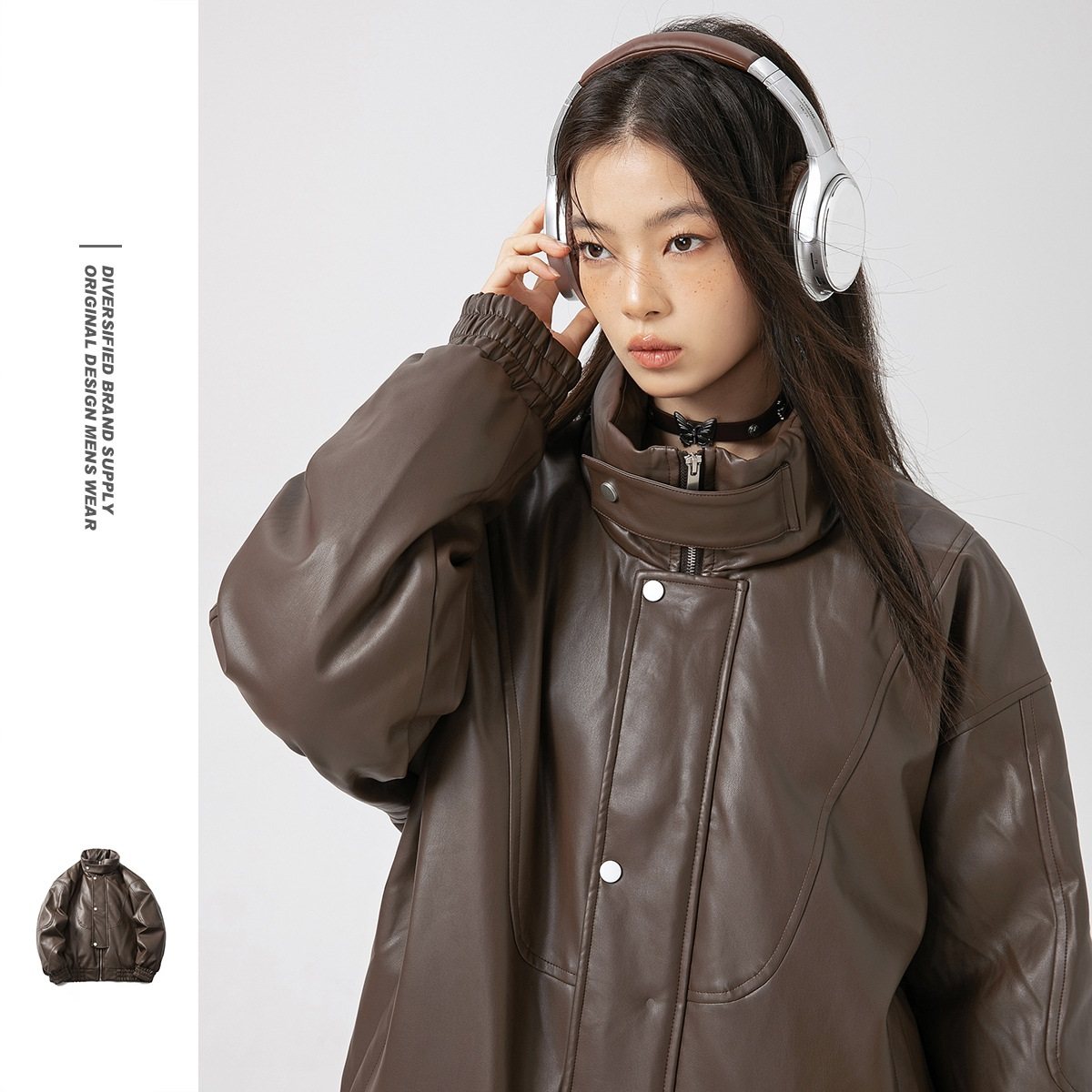 复古质感皮面羽绒服90白鸭绒冬季保暖立领PU皮衣夹克外套男女宽松