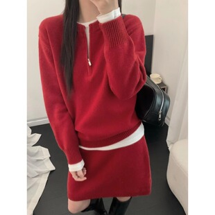 内搭约会穿搭 时尚 新年红miu系穿搭针织毛衣半裙套装 2026秋冬新款