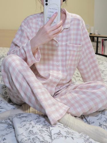 日式无印风格子100%纯棉家居服