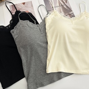 蕾丝花边带胸垫吊带背心女亲肤棉修身显瘦百搭韩系米白色上衣内搭