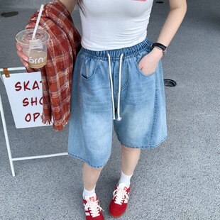 小鸟 百慕大短裤 美式 女夏小个子松紧腰阔腿裤 复古牛仔中裤 自由