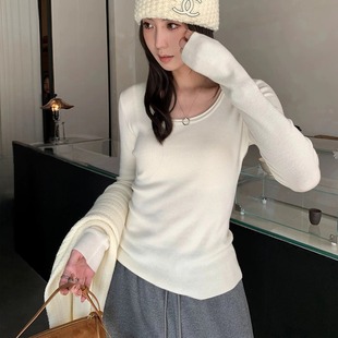 静奢极细羊毛蚕丝针织衫U领打底衫 女秋冬内搭卷边正肩显瘦上衣