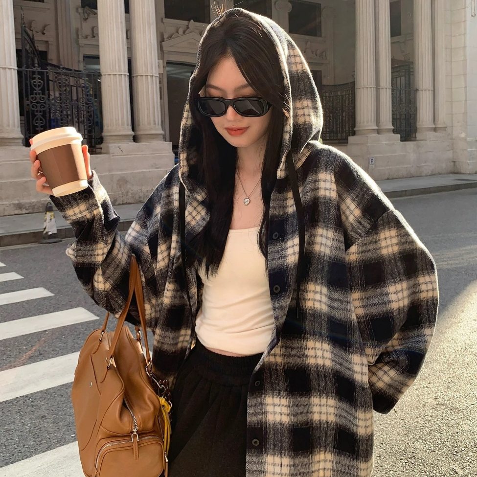 热巴同款日系磨毛加厚格子外套