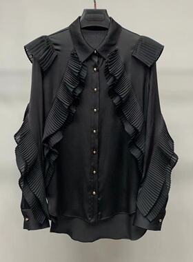 通勤风黑色长袖压褶荷叶边衬衫20EX0004AA