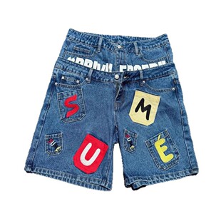 欧美嘻哈字母拼接牛仔短裤夏季千禧年复古个性街头假两件jorts