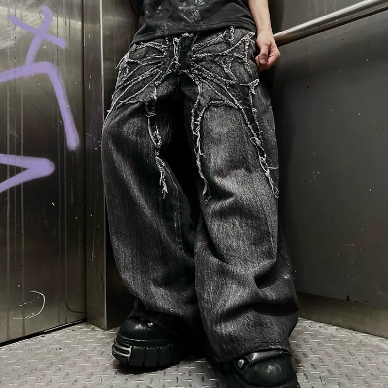 千禧年幽灵牛仔裤高街蜘蛛刺绣补丁嘻哈街头服装哥特复古超大宽松