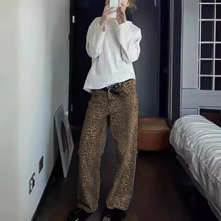 y2k美式复古TRINITE豹纹牛仔裤嘻哈街头直筒阔腿裤vibe风宽松长裤