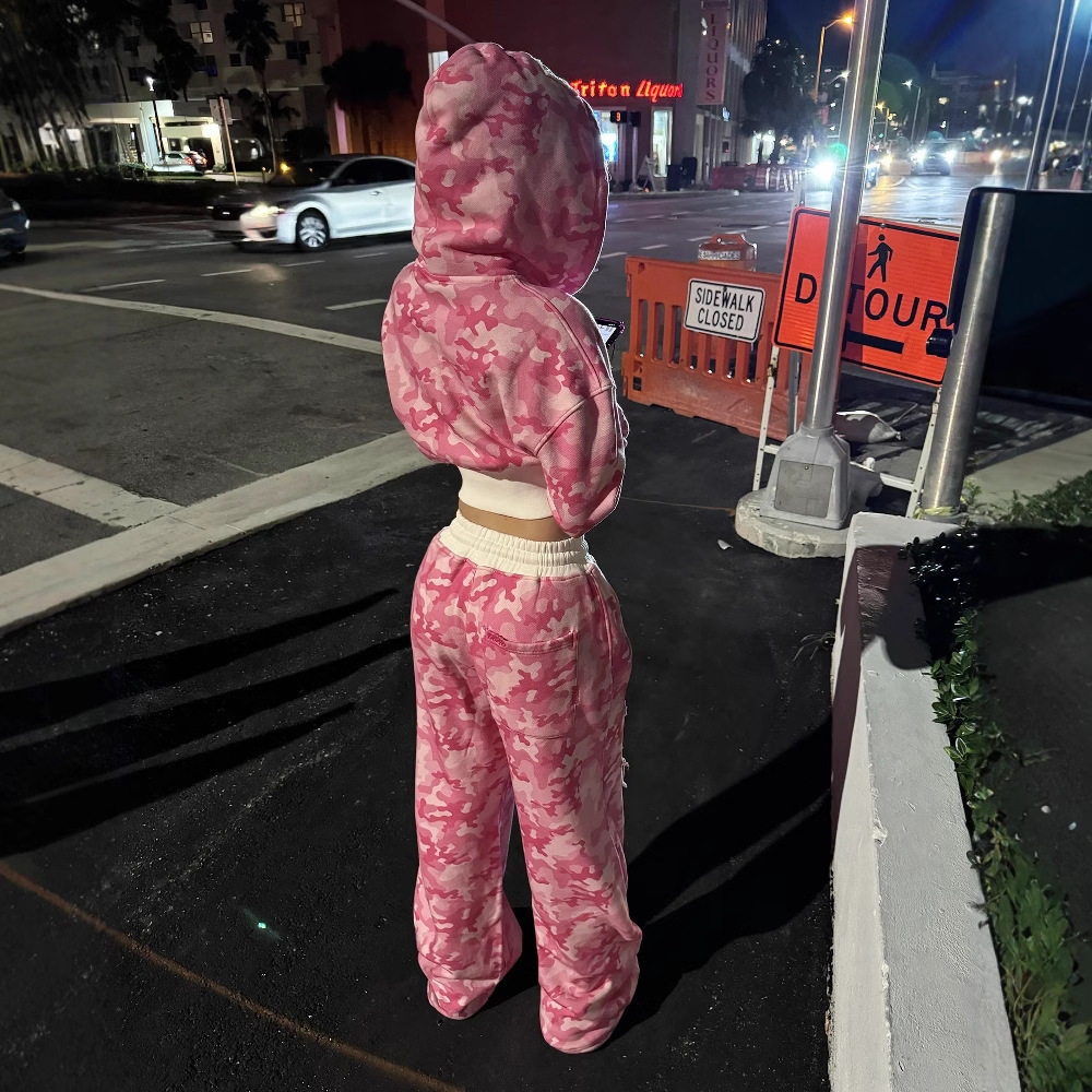 y2k嘻哈短款开衫连帽衫卫衣街头INS美式辣妹宽松长卫裤套装跨境