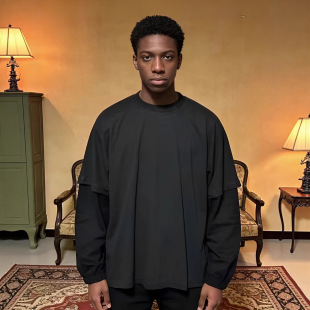 侃爷Kanye美式 T恤男女夏 重磅高街潮牌纯色休闲宽松拼接假两件长袖