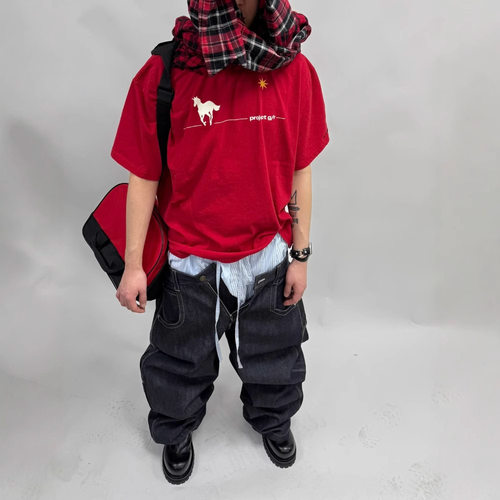 PROJECT GR 25SS限定中国红恶搞战马独角兽印花刺绣标语短袖男女t