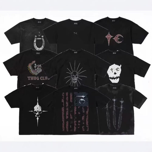 现/Thug club 星月风格恶龙骷髅骑士报检设计污渍短袖T恤