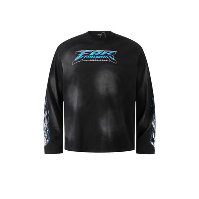 Far Archive水洗褪色做旧复古长袖宽松叠穿套头火焰打底上衣