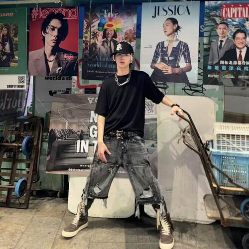 Thug club 25ss高街星月金属水洗破洞流苏牛仔裤短裤七分裤男女潮