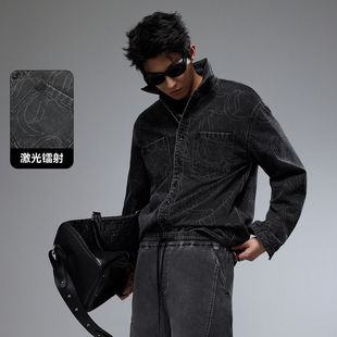 【激光镭射老花】卡宾宽松牛仔长袖衬衫男装2025秋季美式复古外套