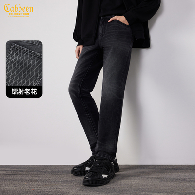 卡宾复古水洗直筒网纹老花牛仔裤