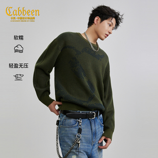 【复古肌理提花】卡宾保暖圆领毛衣男装2026春季新款撞色长袖线衫