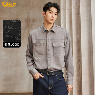 【老花印花】卡宾复古长袖衬衫男装2025秋季仿麂皮绒翻领衬衣外套